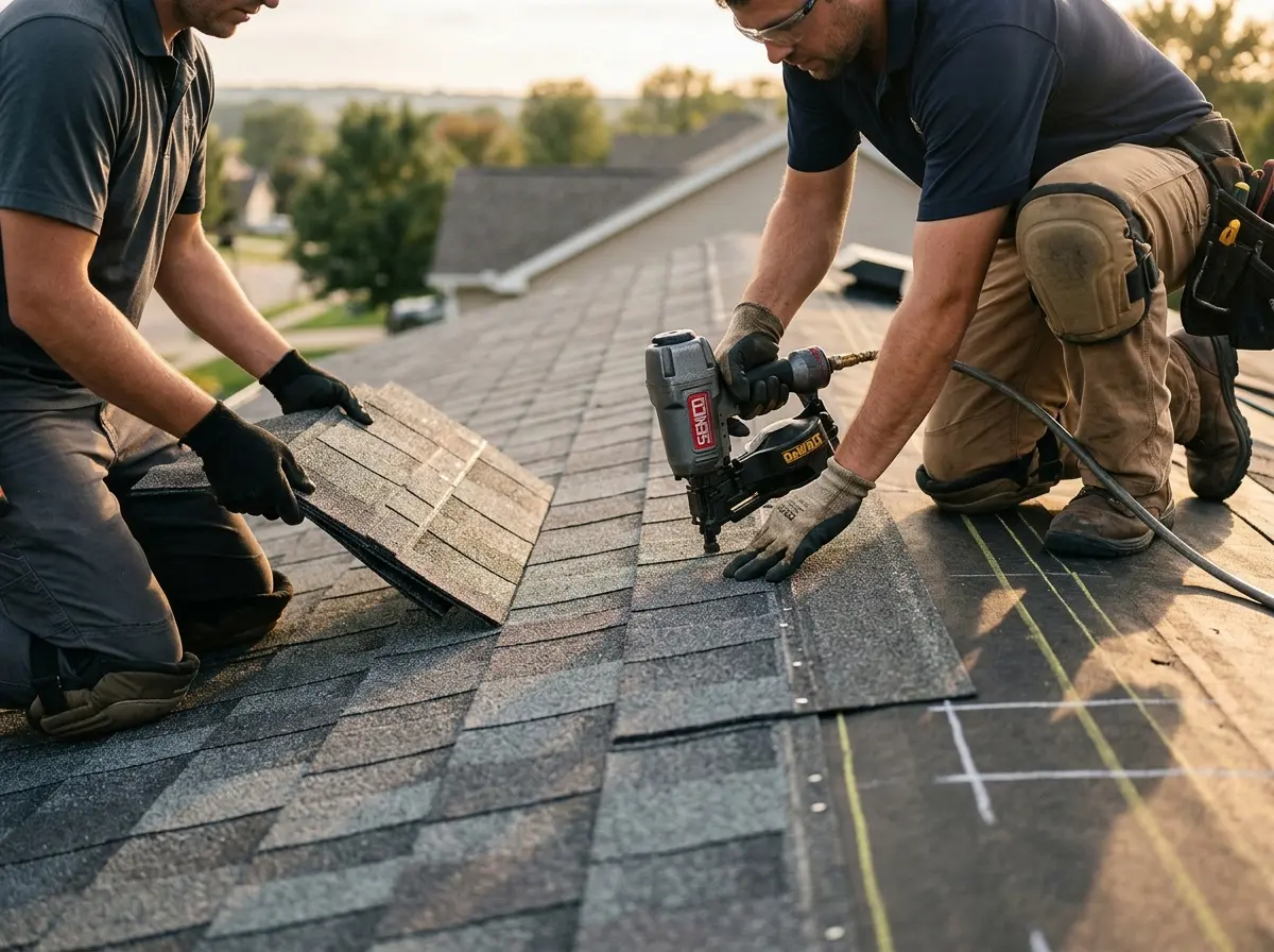 Professional roofer working on a residential roof in Sun Prairie